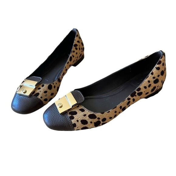TORY BURCH PRISCILLA BALLET FLATS CALF HAIR LEOPARD PRINT LEATHE CAP TOE  7.5 - Picture 1 of 12